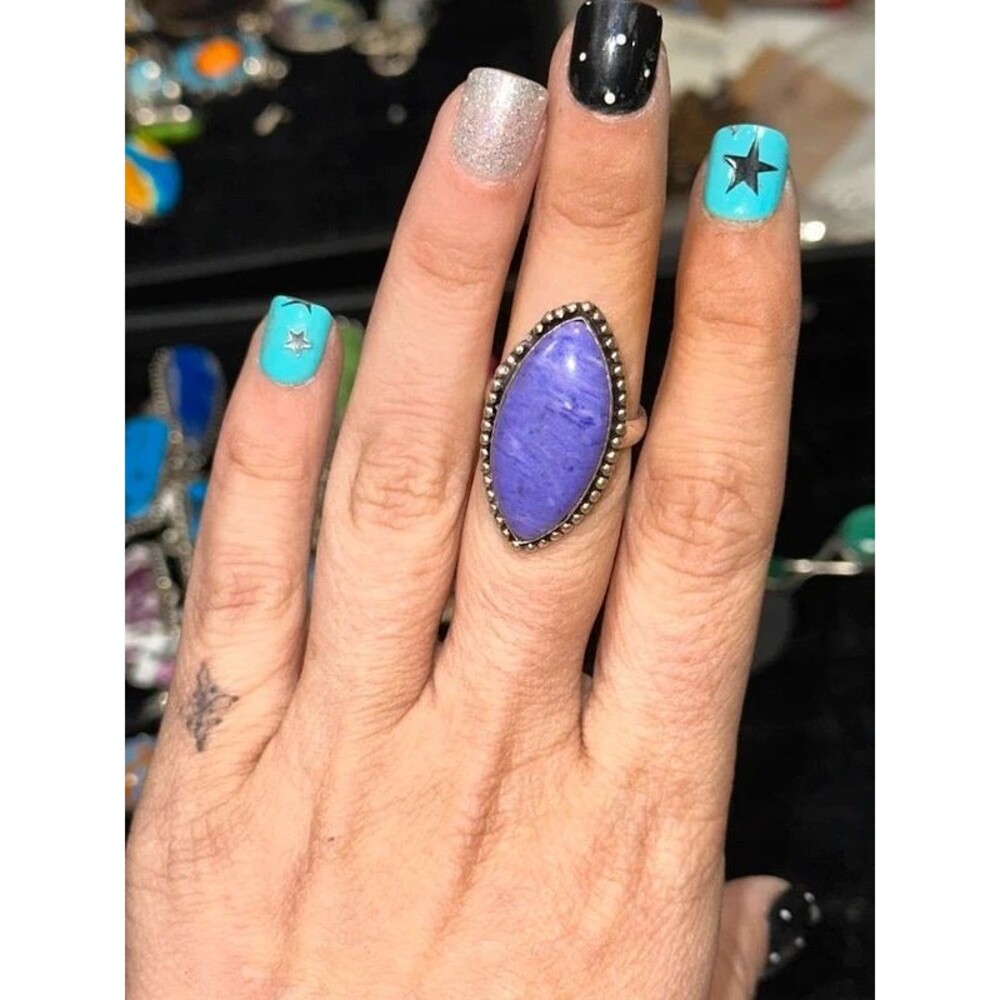 Purple Charoite Oval Sterling Silver Oerlay Ring Size 8